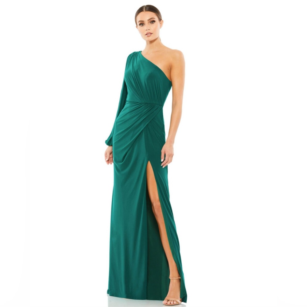 NWT Mac Duggal One Shoulder Puff Sleeve Faux Wrap Gown 10 Emerald Green Dress